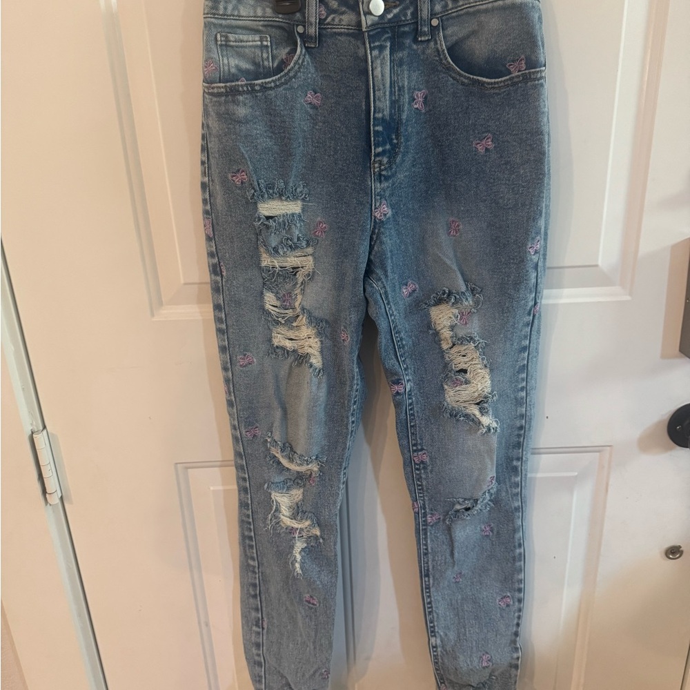 Tinseltown Blue Distressed Jeans with Purple Details